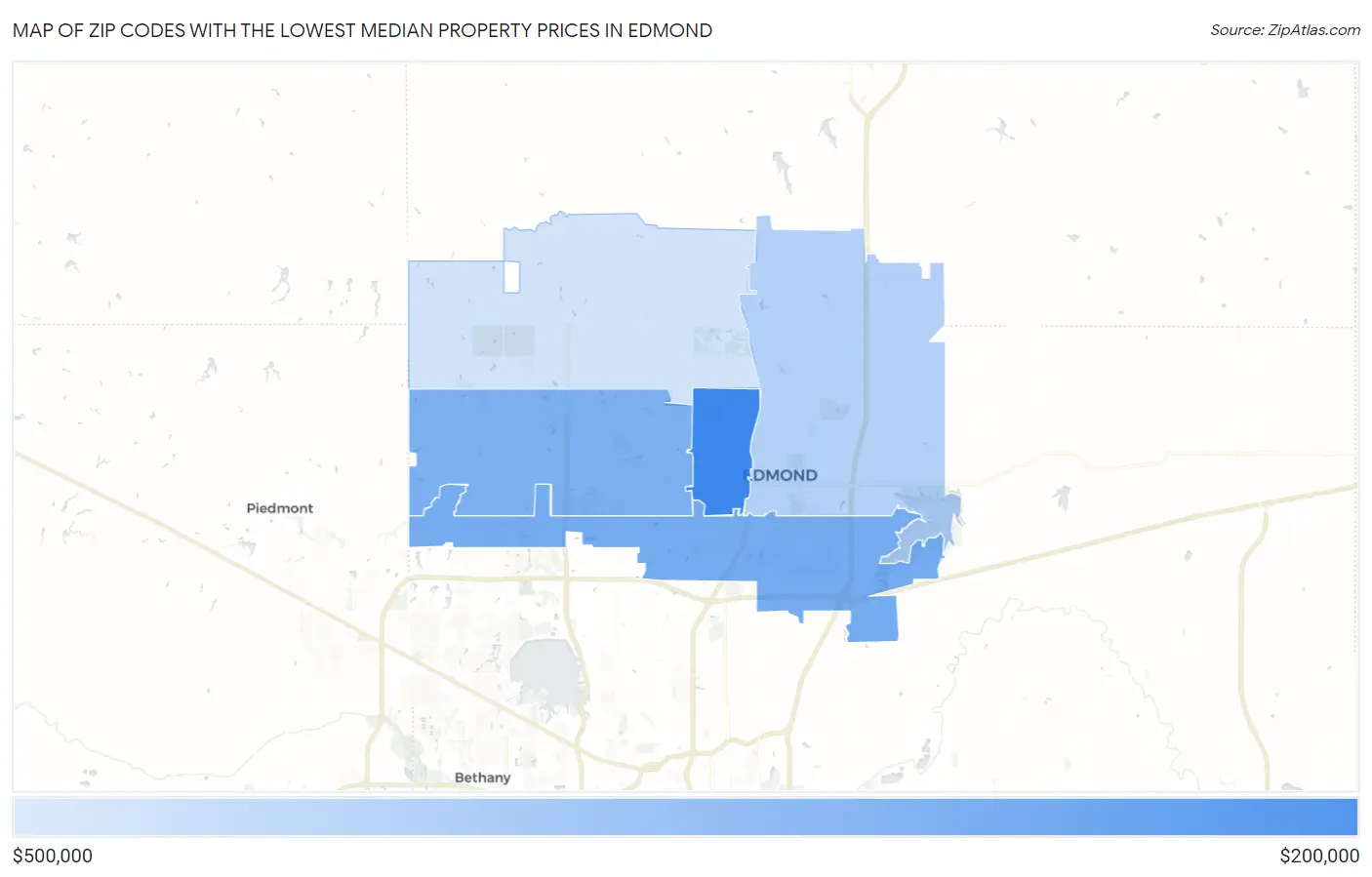 Zip Codes with the Lowest Median Property Prices in Edmond Map