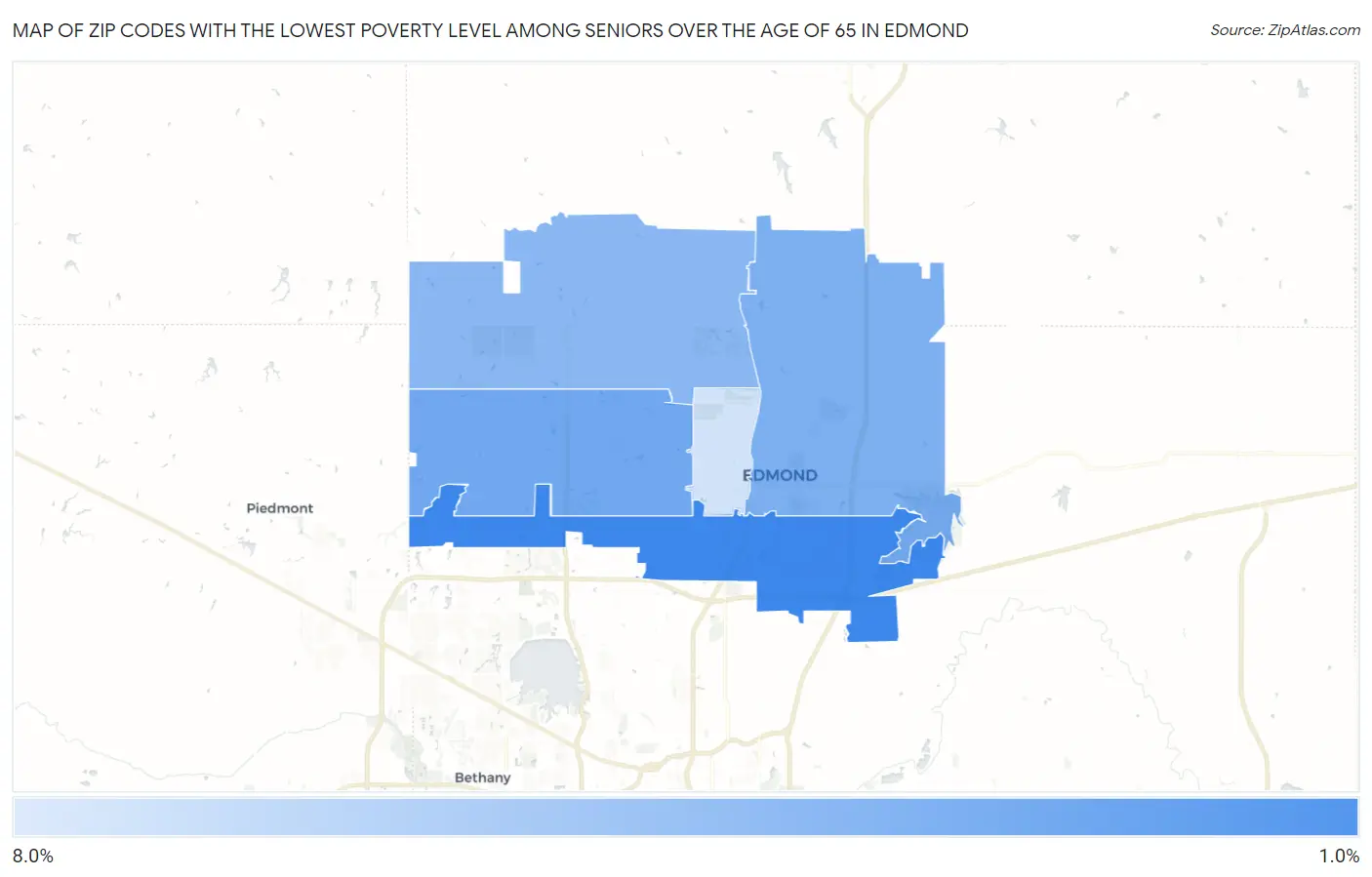 Zip Codes with the Lowest Poverty Level Among Seniors Over the Age of 65 in Edmond Map