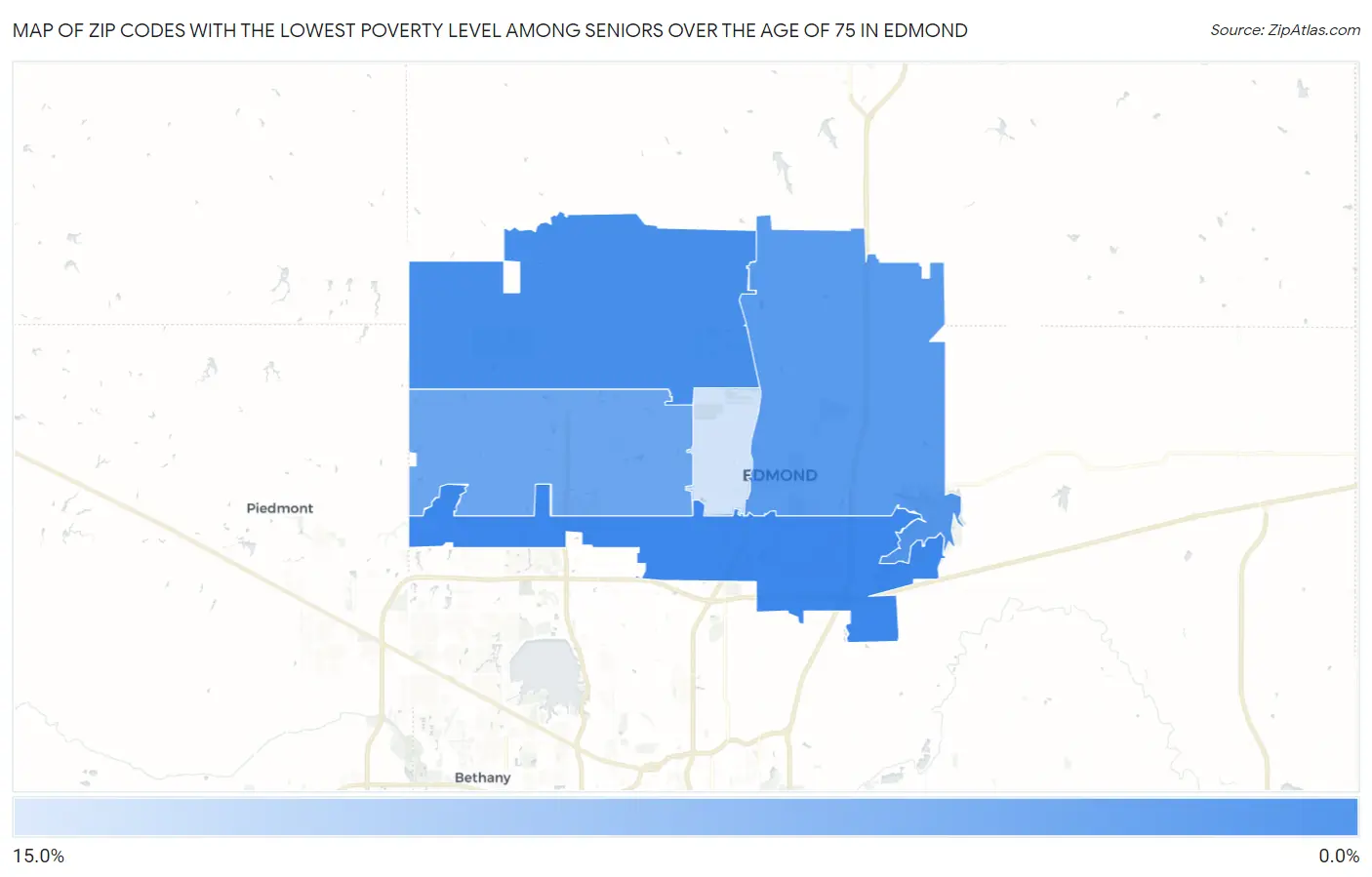 Zip Codes with the Lowest Poverty Level Among Seniors Over the Age of 75 in Edmond Map