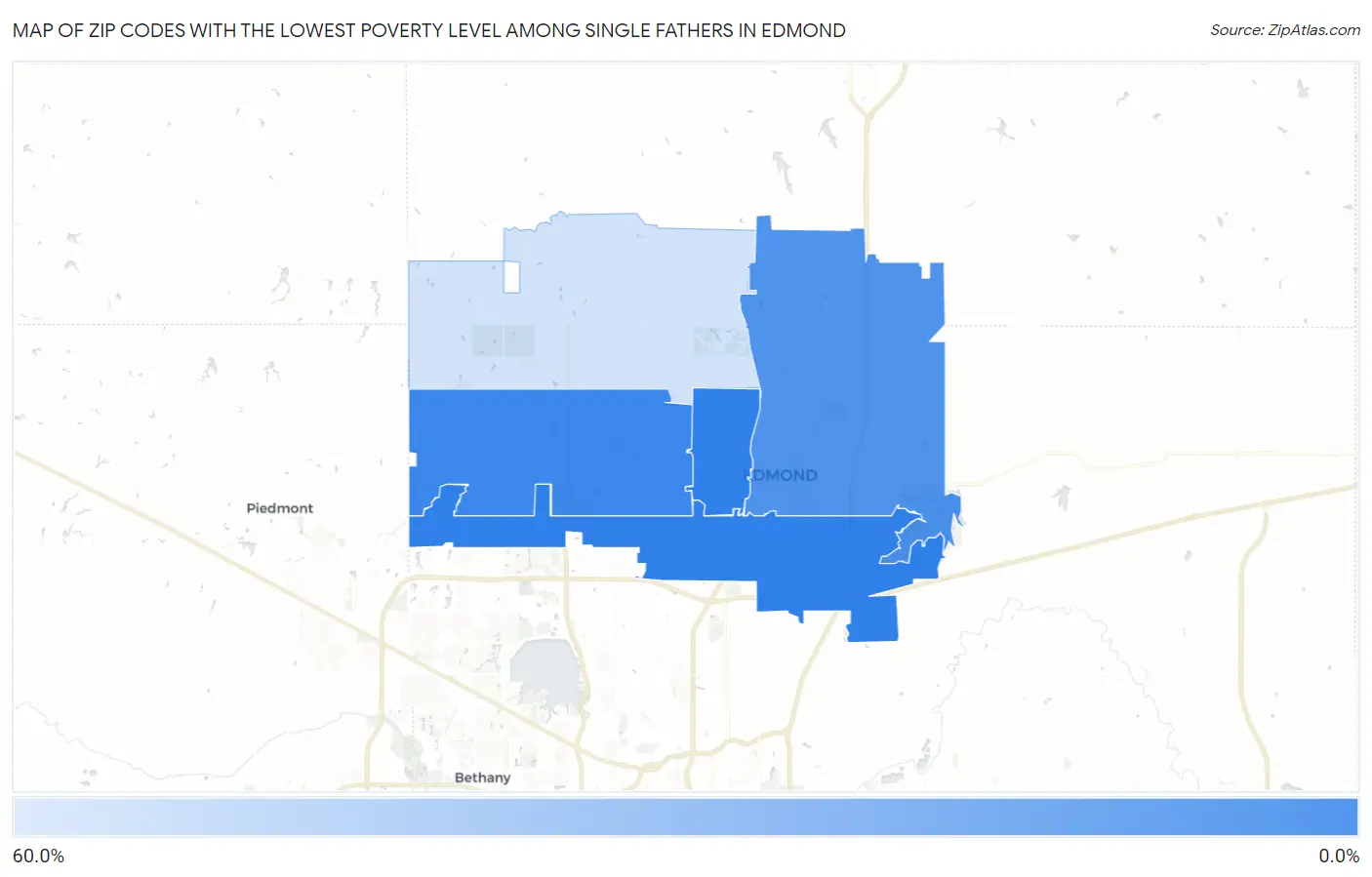 Zip Codes with the Lowest Poverty Level Among Single Fathers in Edmond Map
