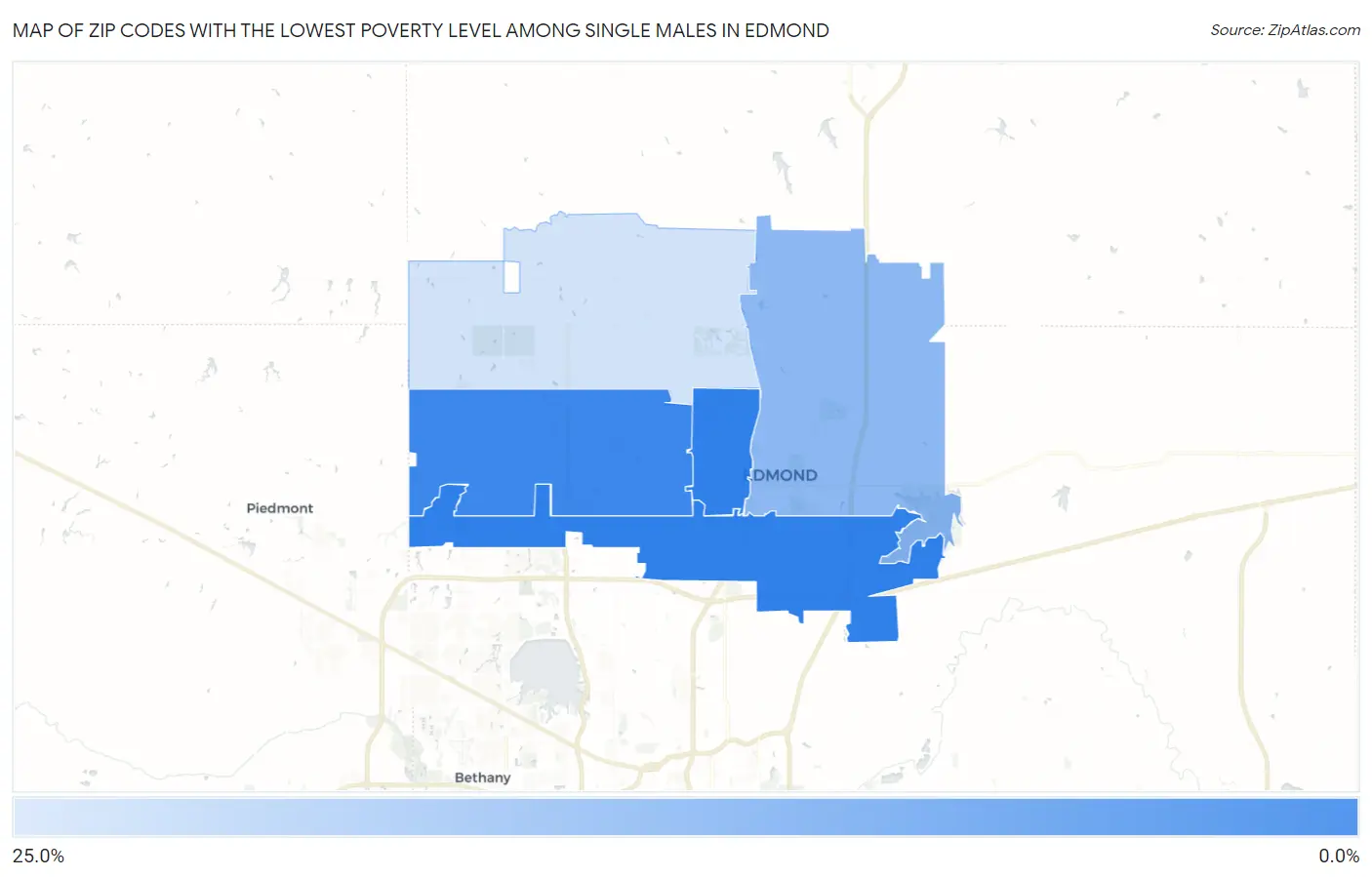Zip Codes with the Lowest Poverty Level Among Single Males in Edmond Map