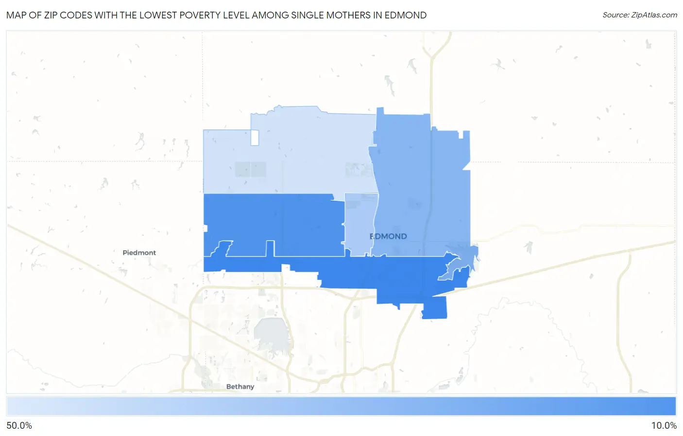 Zip Codes with the Lowest Poverty Level Among Single Mothers in Edmond Map