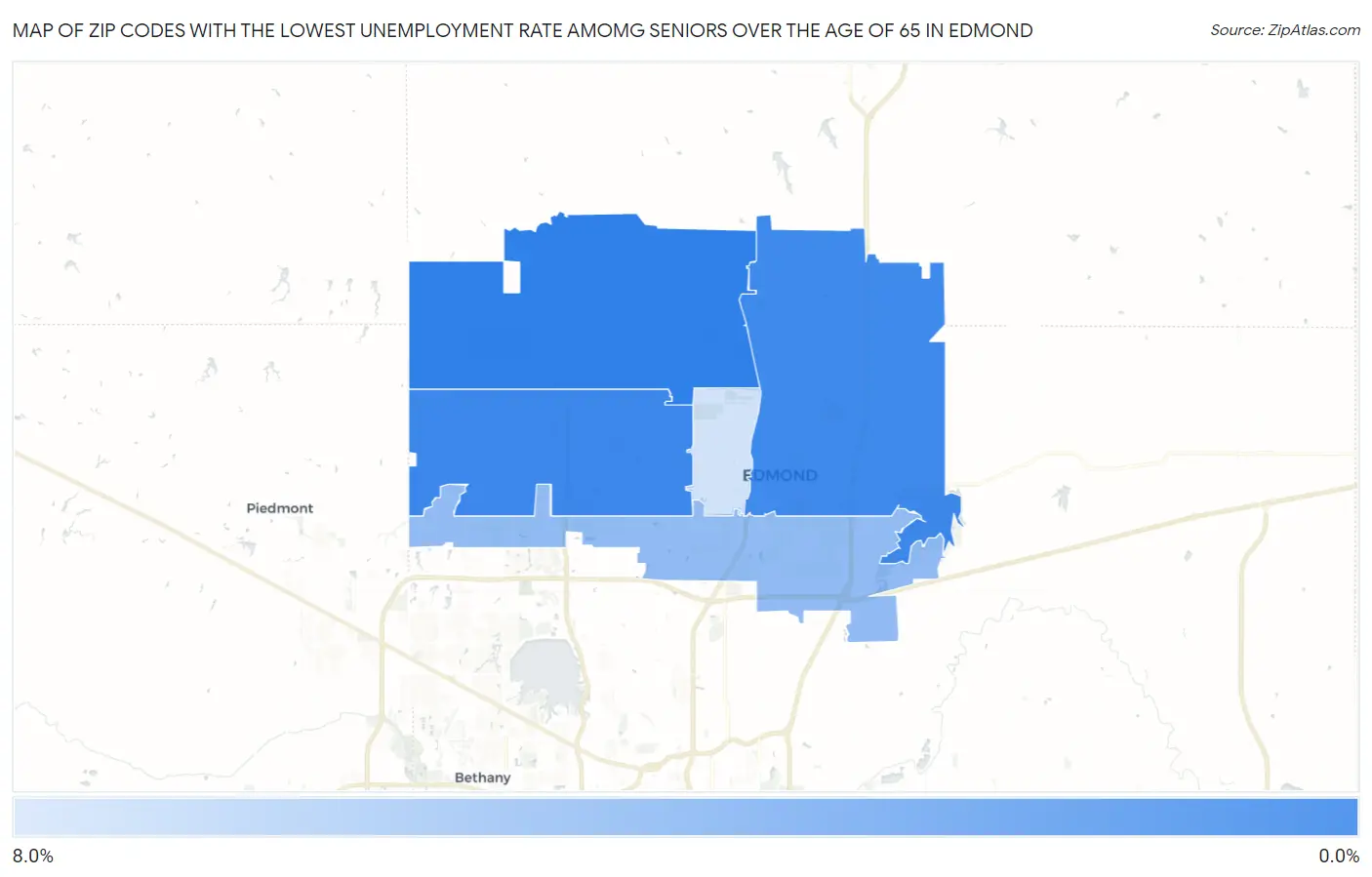 Zip Codes with the Lowest Unemployment Rate Amomg Seniors Over the Age of 65 in Edmond Map