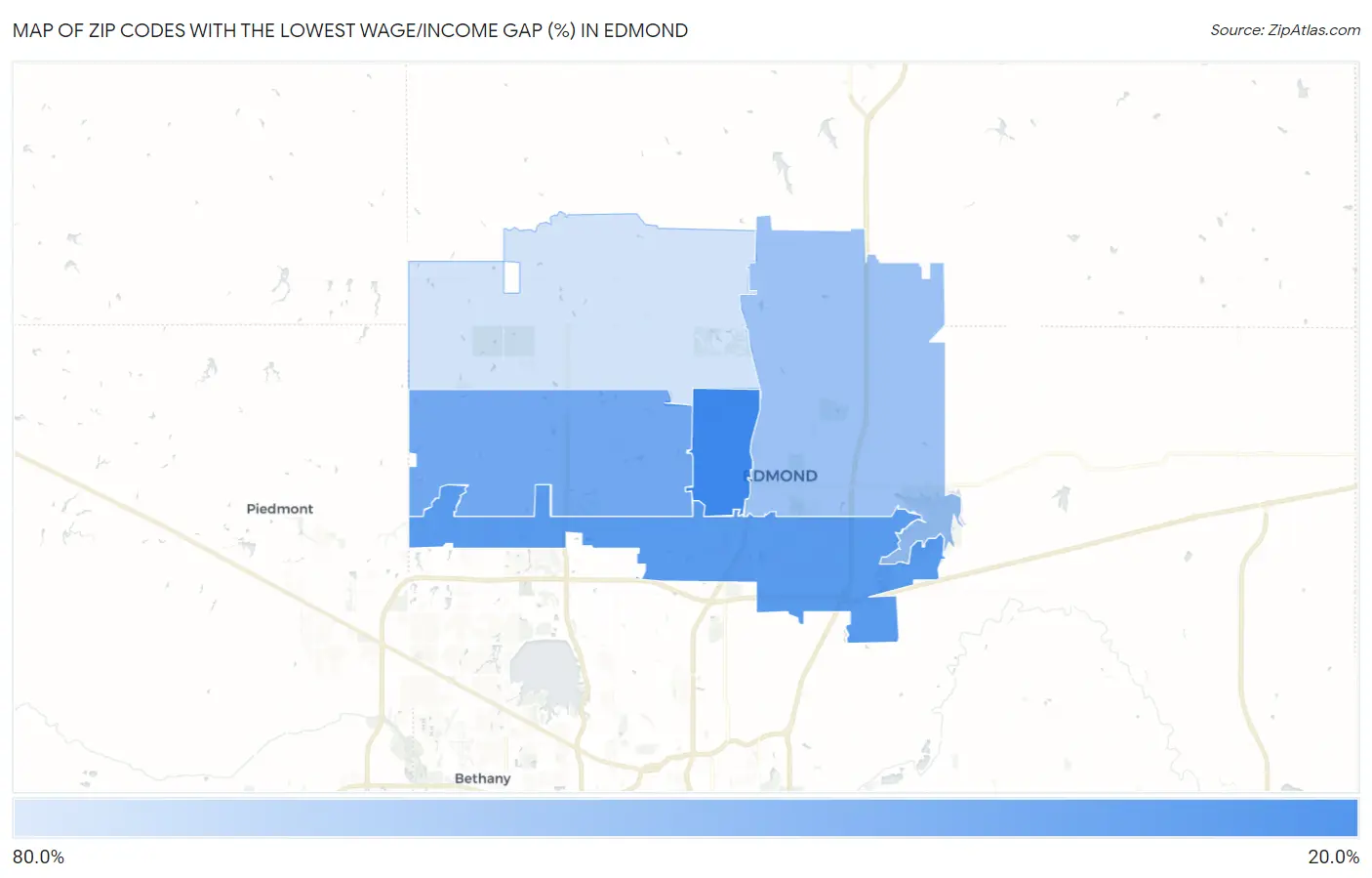 Zip Codes with the Lowest Wage/Income Gap (%) in Edmond Map