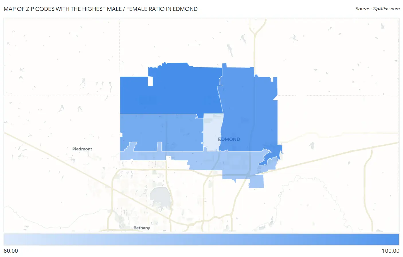 Zip Codes with the Highest Male / Female Ratio in Edmond Map