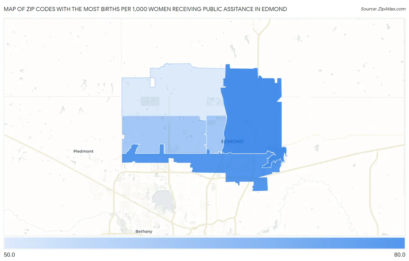 Zip Codes with the Most Births per 1,000 Women Receiving Public Assitance in Edmond Map