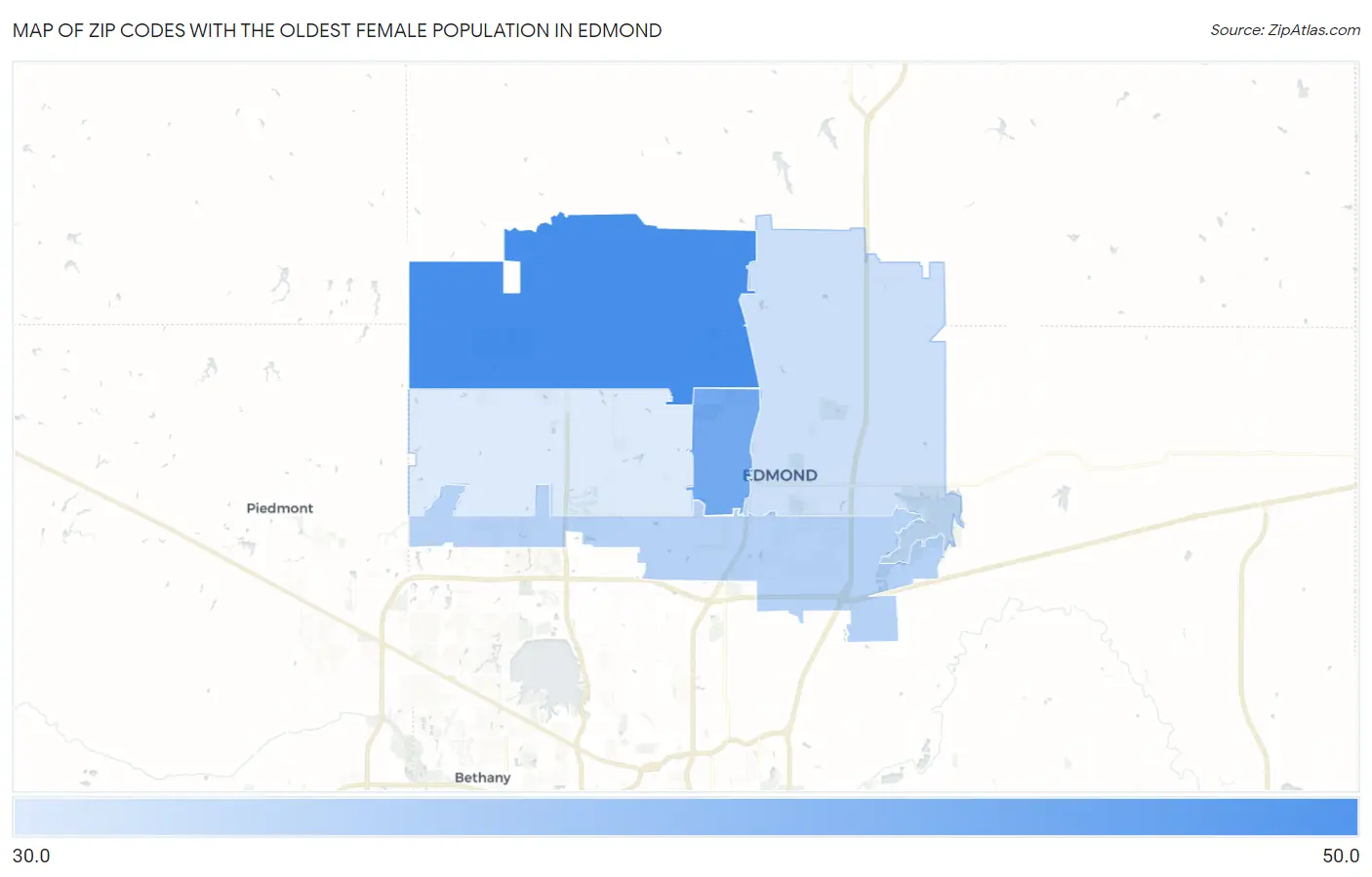 Zip Codes with the Oldest Female Population in Edmond Map