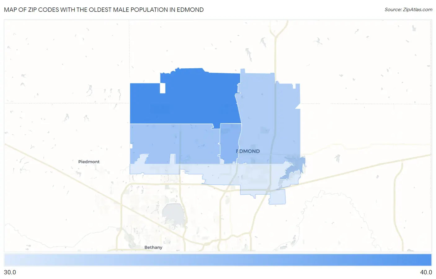 Zip Codes with the Oldest Male Population in Edmond Map