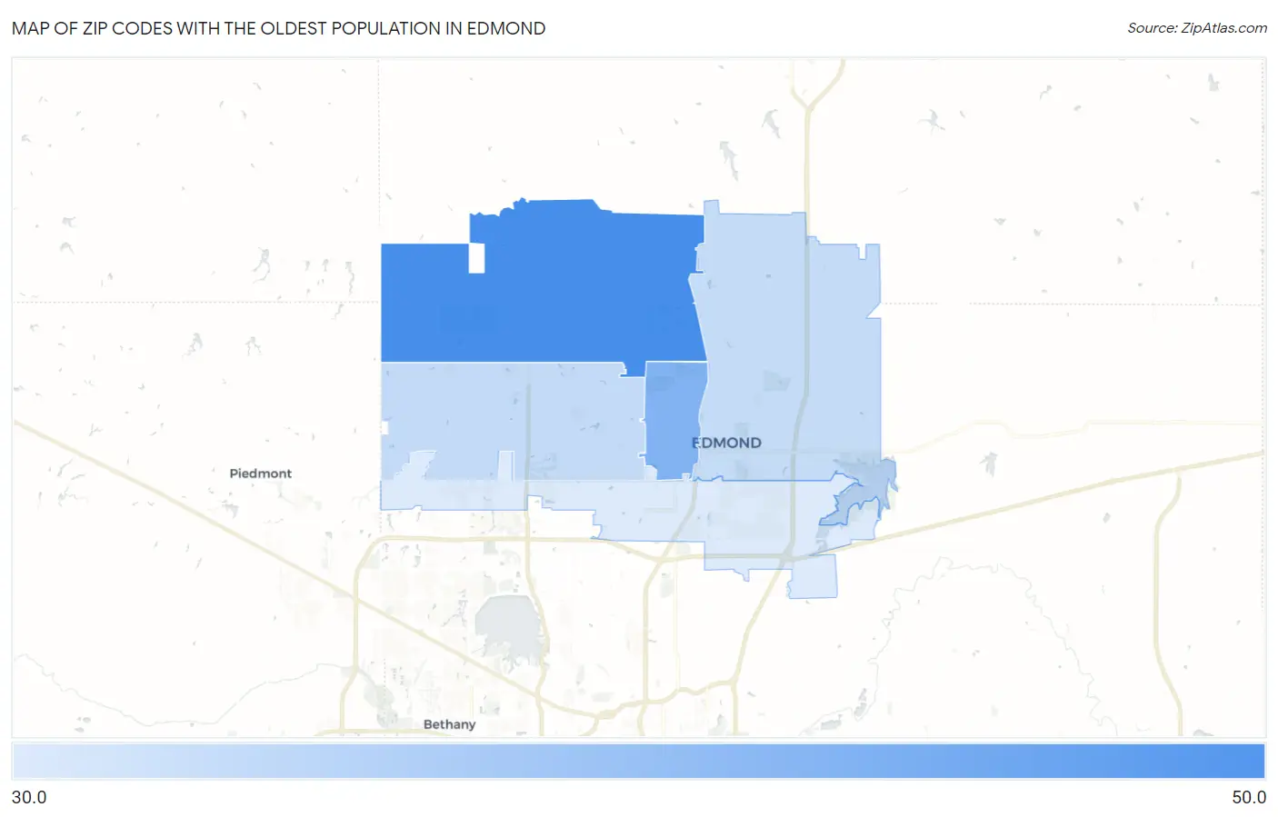 Zip Codes with the Oldest Population in Edmond Map