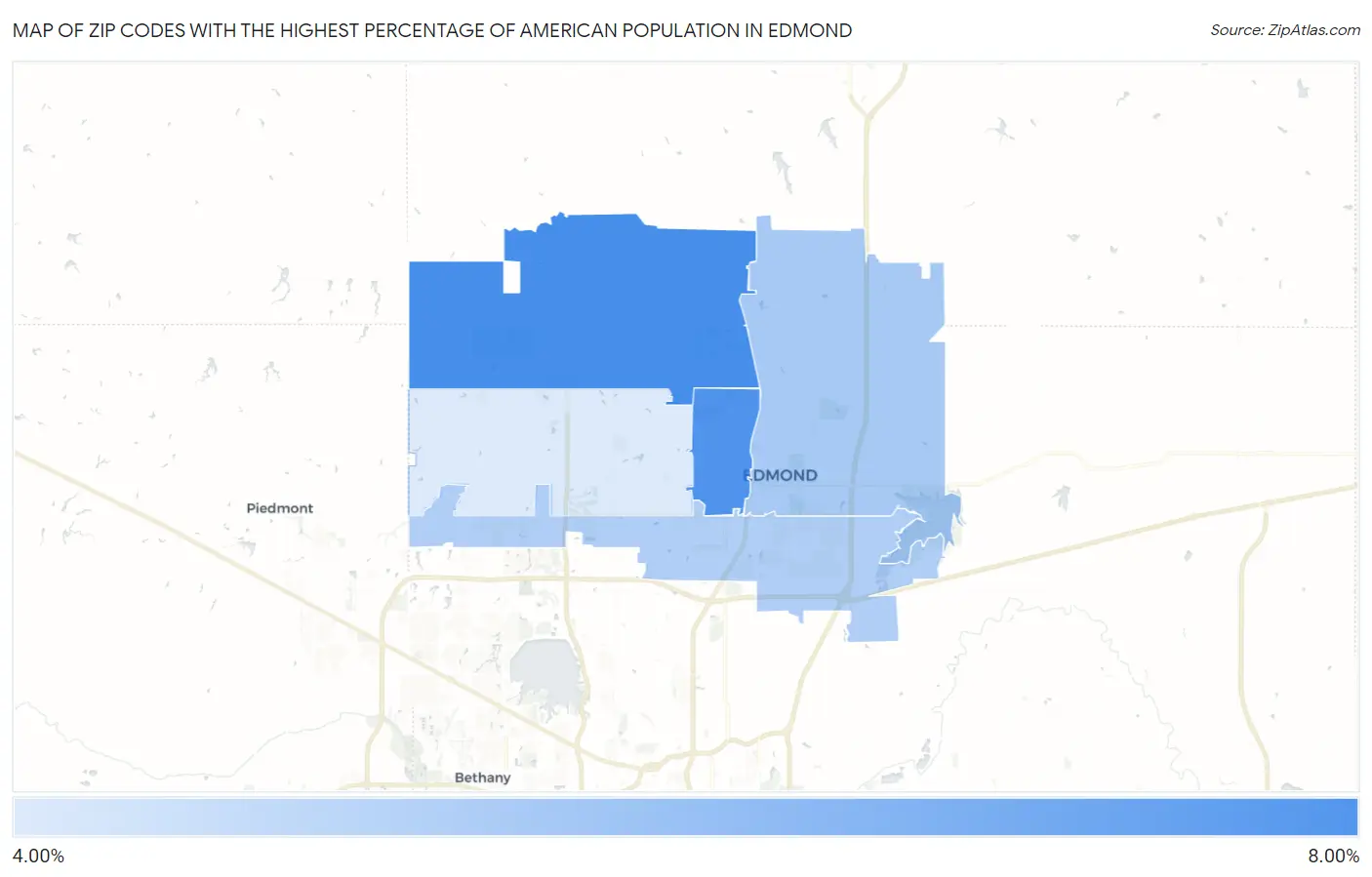 Zip Codes with the Highest Percentage of American Population in Edmond Map