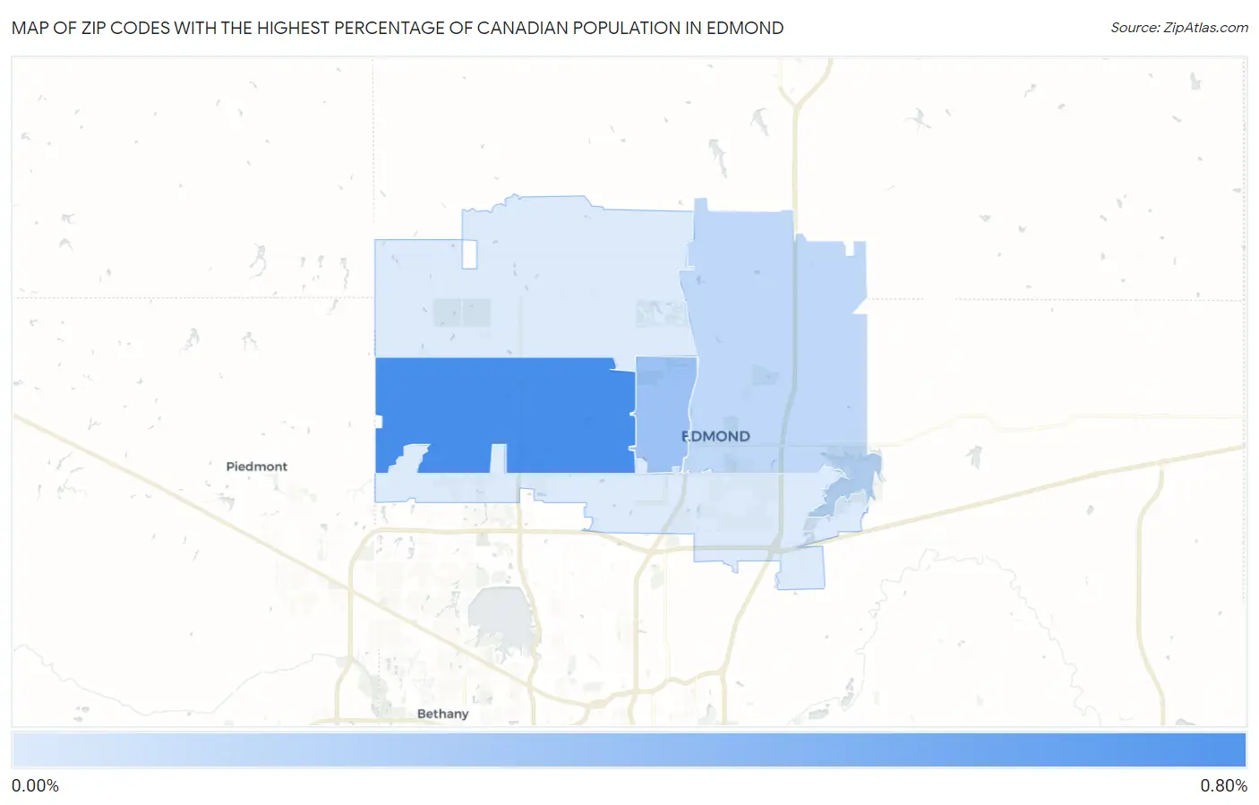 Zip Codes with the Highest Percentage of Canadian Population in Edmond Map