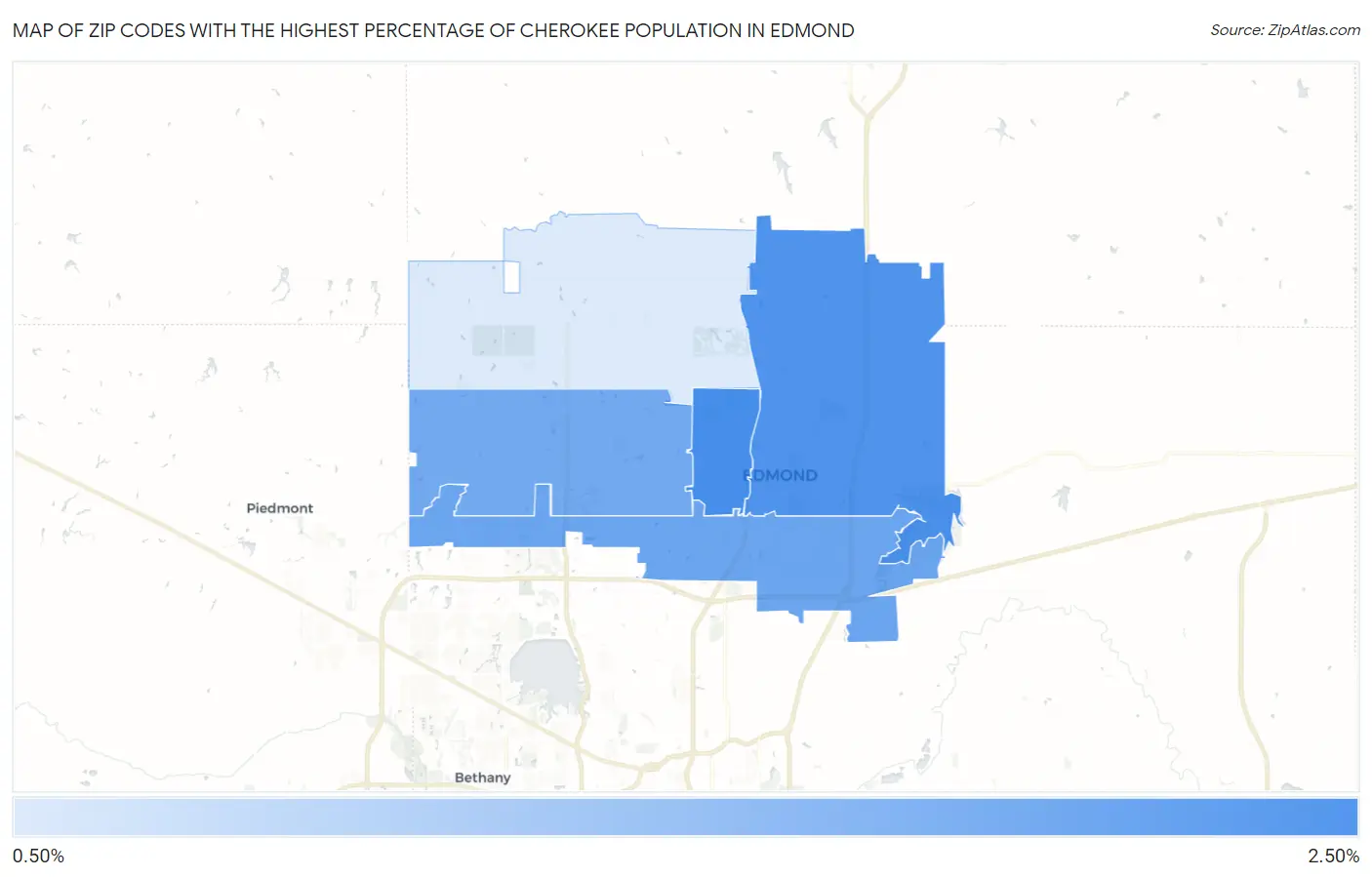 Zip Codes with the Highest Percentage of Cherokee Population in Edmond Map