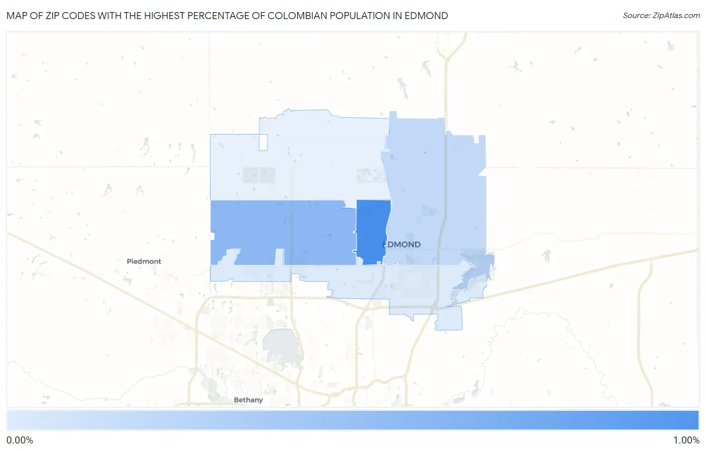 Zip Codes with the Highest Percentage of Colombian Population in Edmond Map