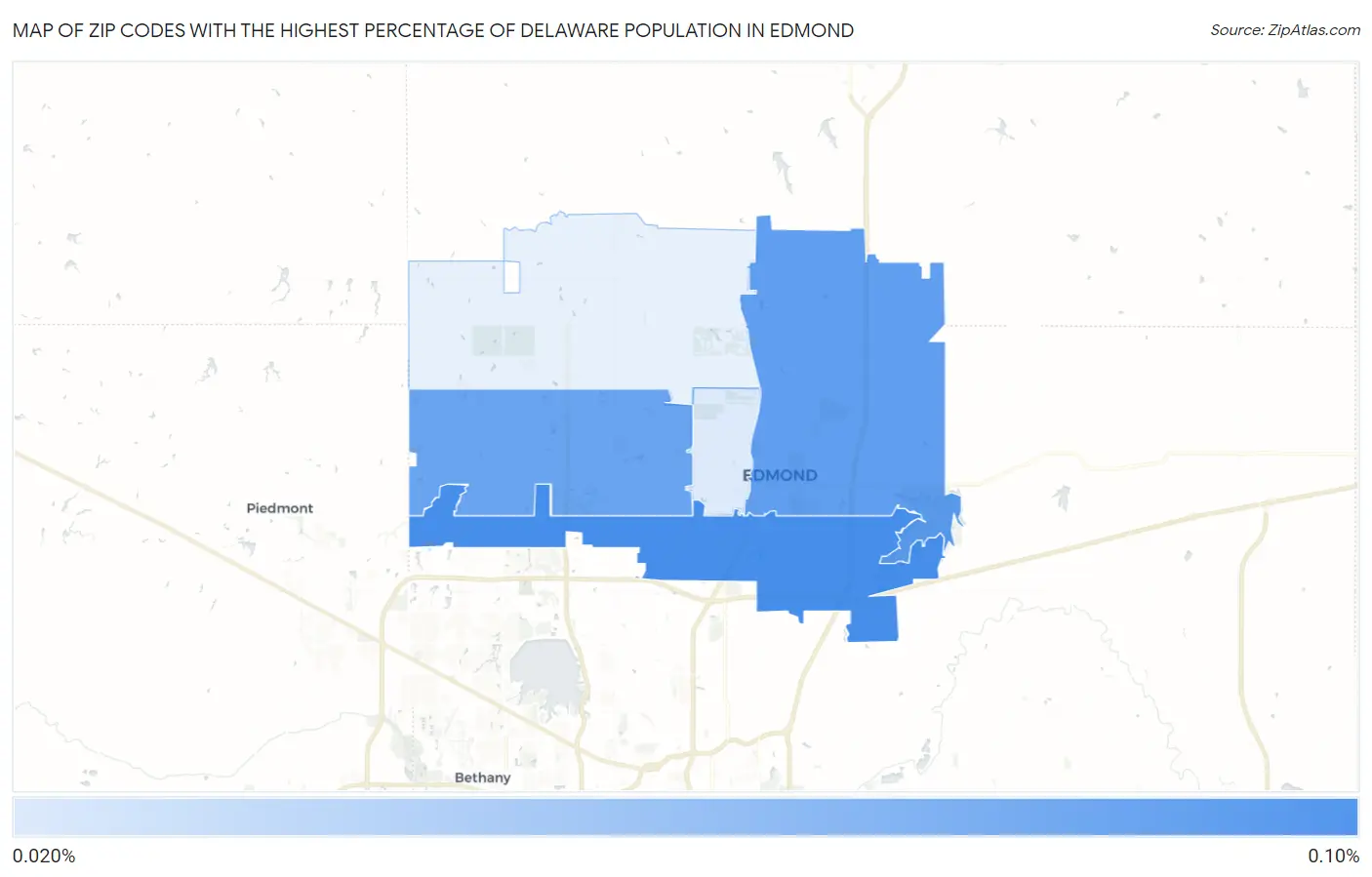 Zip Codes with the Highest Percentage of Delaware Population in Edmond Map