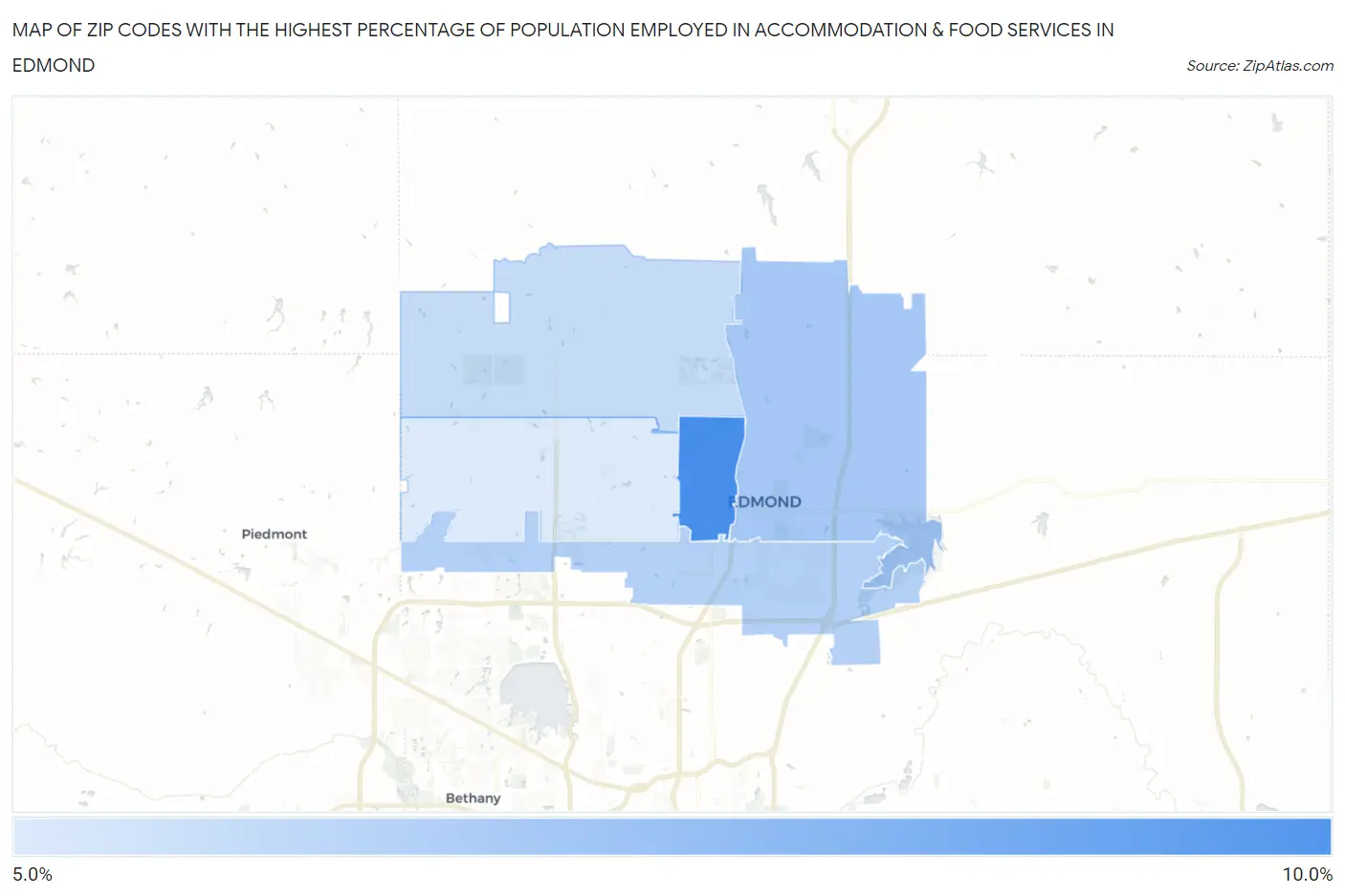 Zip Codes with the Highest Percentage of Population Employed in Accommodation & Food Services in Edmond Map
