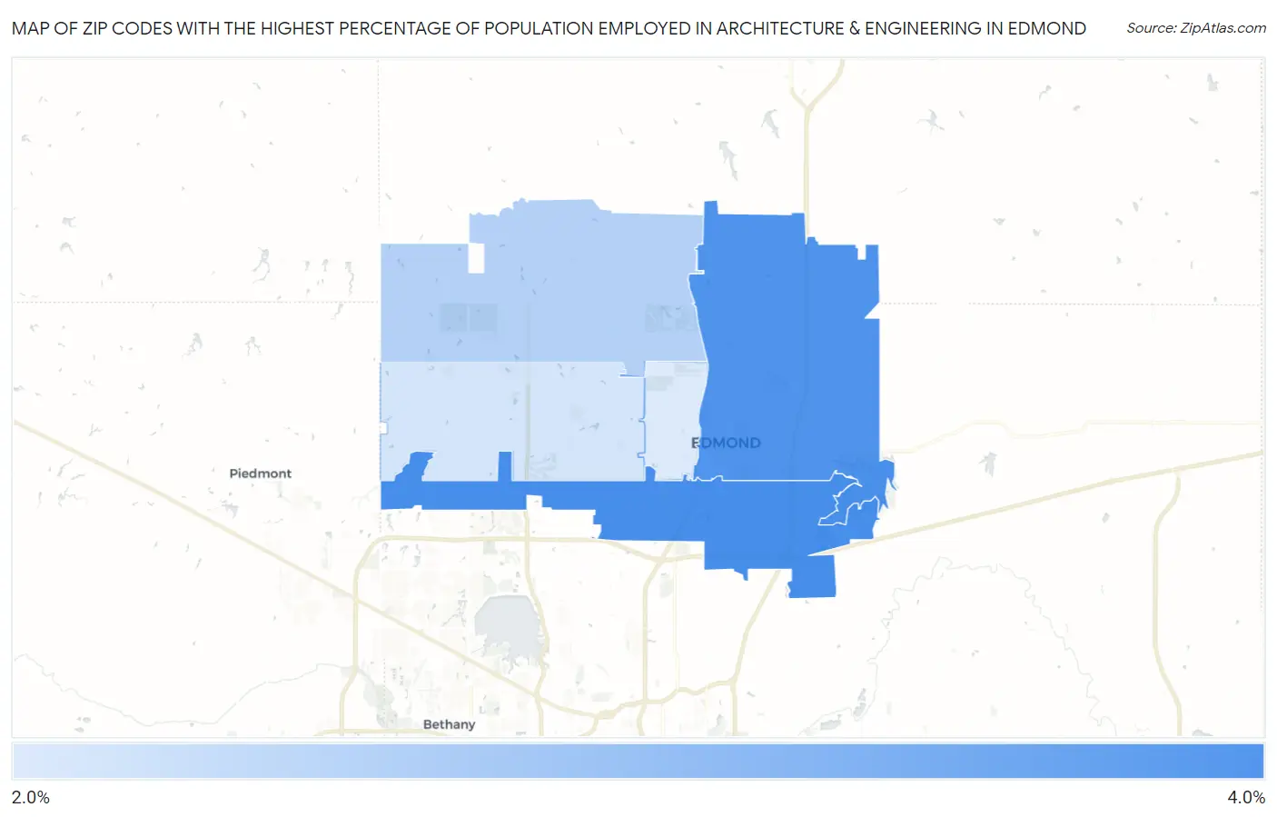 Zip Codes with the Highest Percentage of Population Employed in Architecture & Engineering in Edmond Map