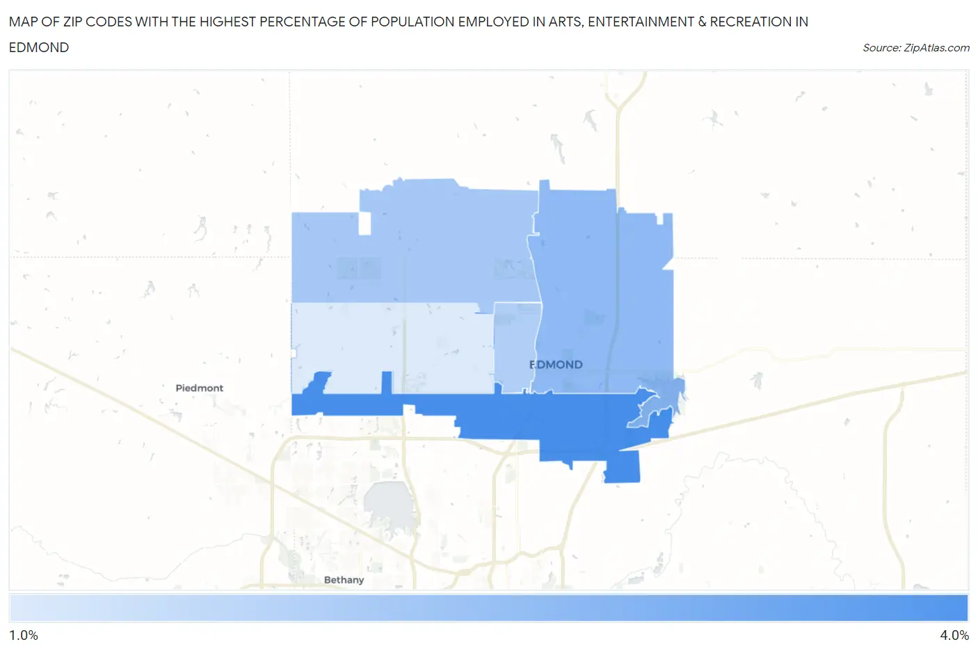 Zip Codes with the Highest Percentage of Population Employed in Arts, Entertainment & Recreation in Edmond Map