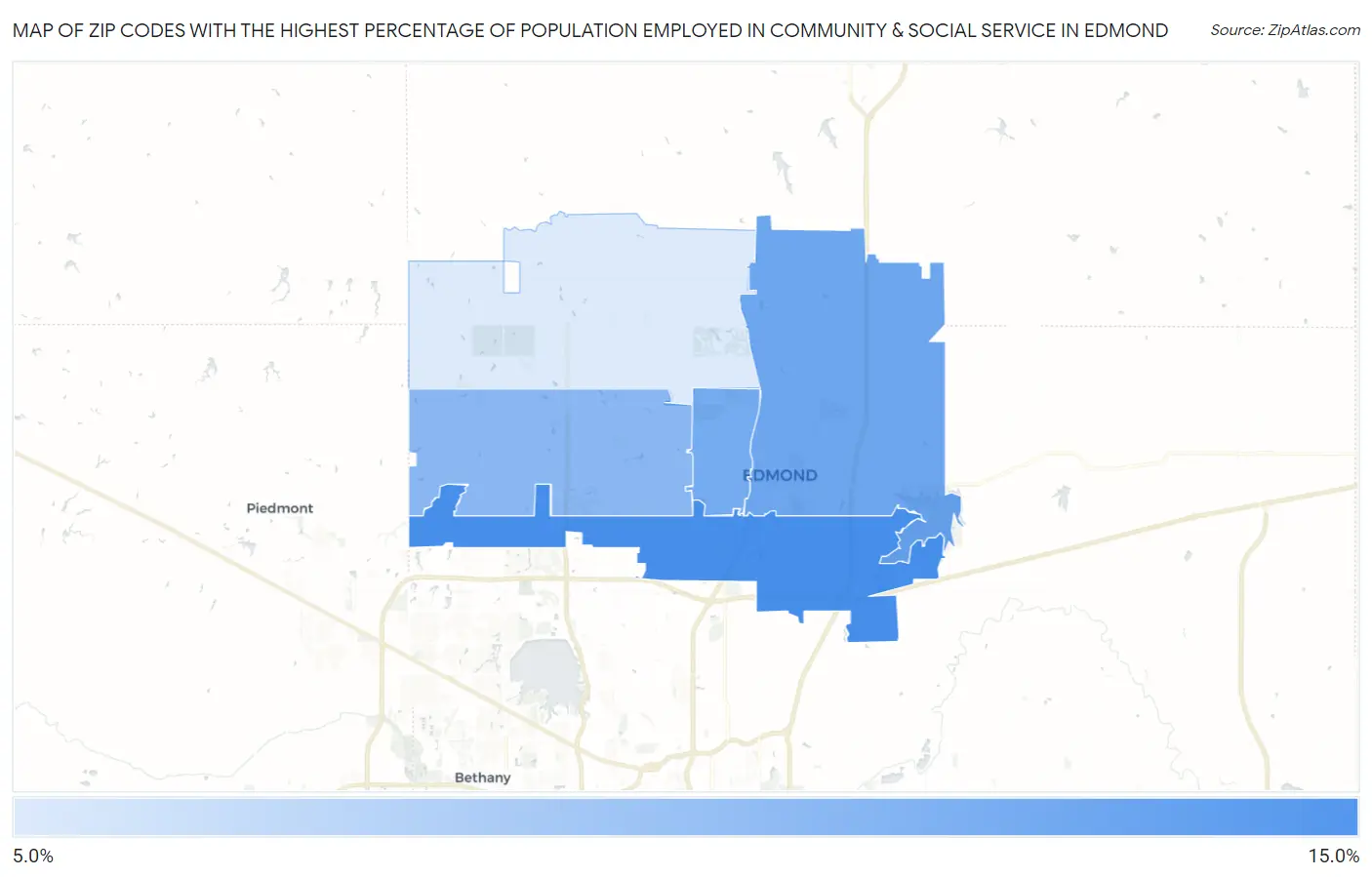 Zip Codes with the Highest Percentage of Population Employed in Community & Social Service  in Edmond Map