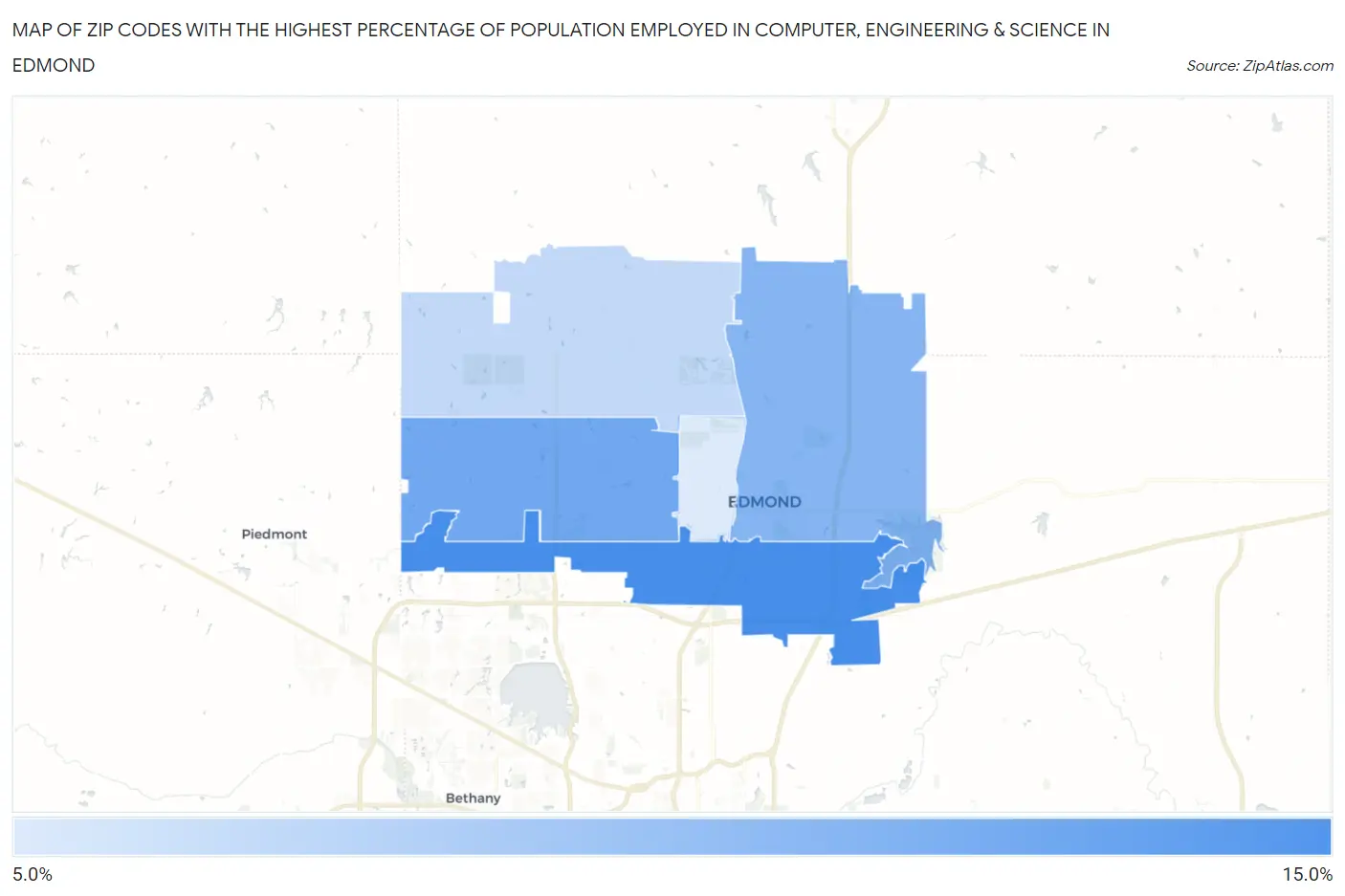 Zip Codes with the Highest Percentage of Population Employed in Computer, Engineering & Science in Edmond Map