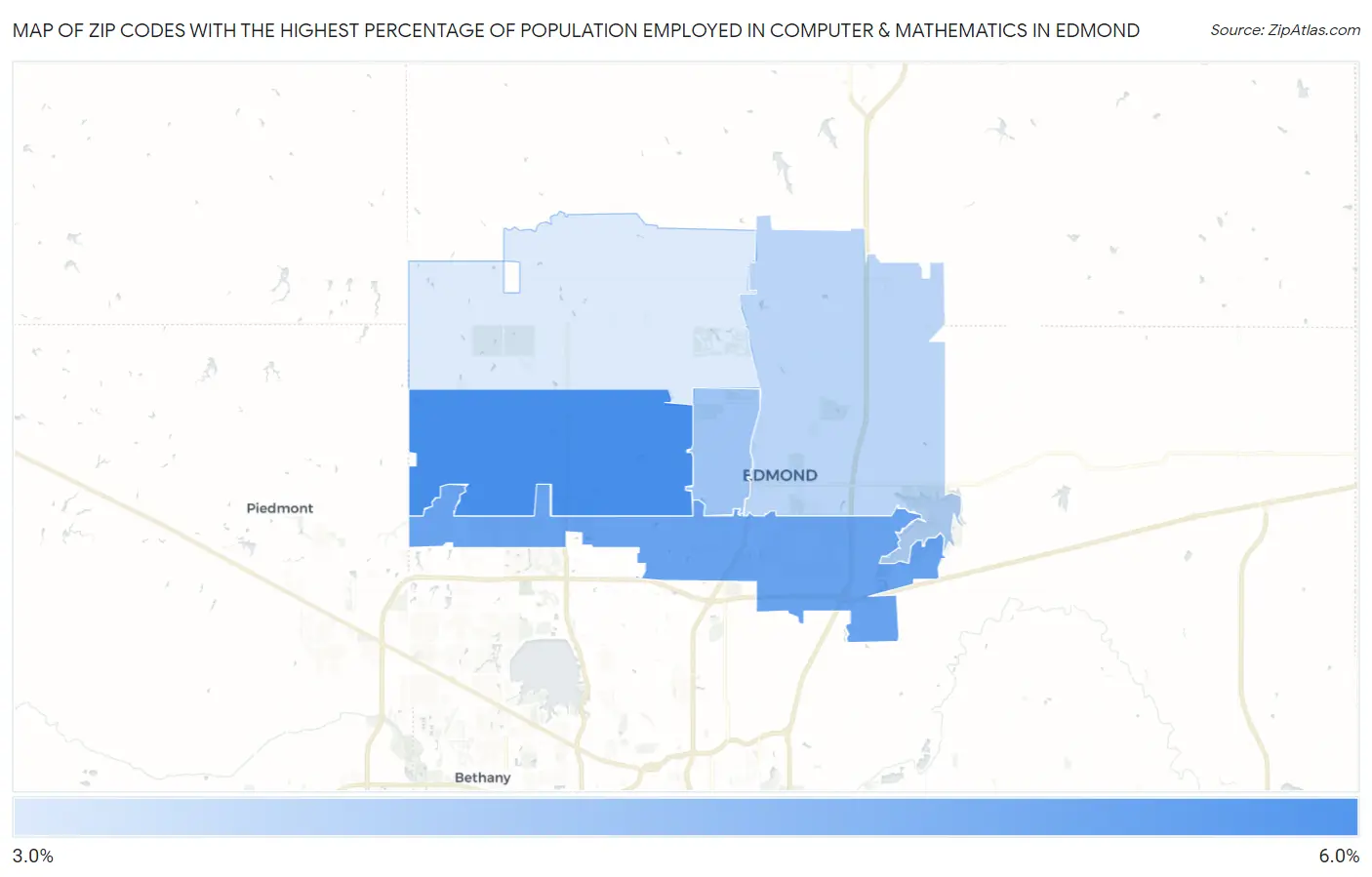 Zip Codes with the Highest Percentage of Population Employed in Computer & Mathematics in Edmond Map