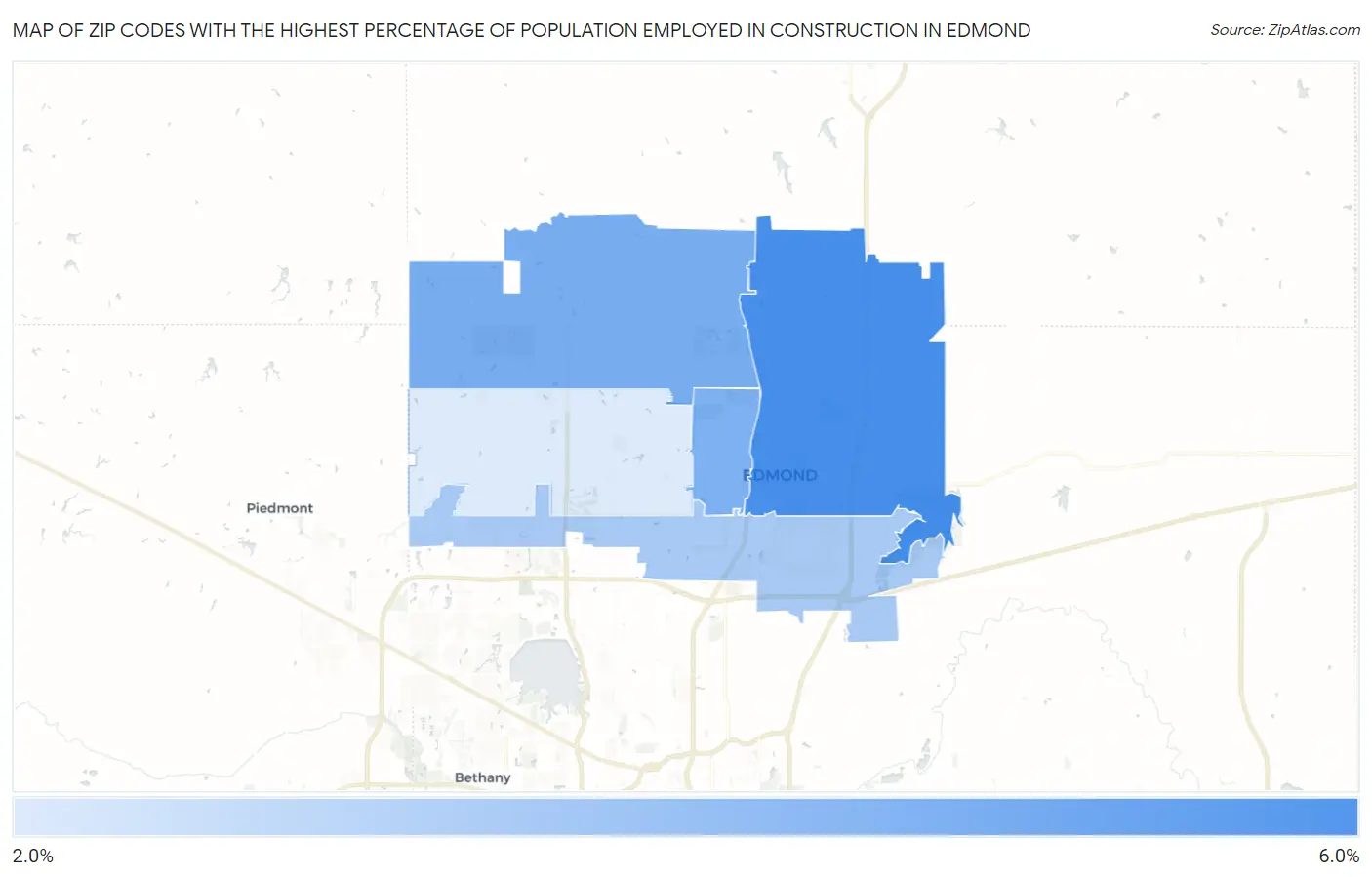 Zip Codes with the Highest Percentage of Population Employed in Construction in Edmond Map