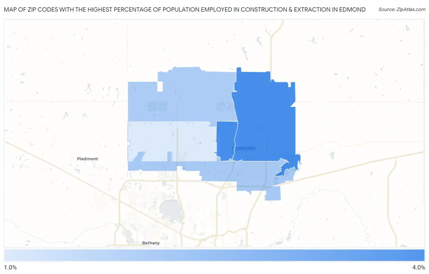 Zip Codes with the Highest Percentage of Population Employed in Construction & Extraction in Edmond Map