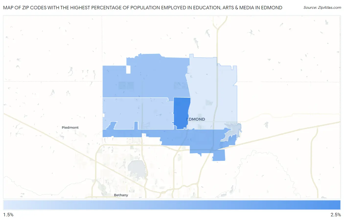 Zip Codes with the Highest Percentage of Population Employed in Education, Arts & Media in Edmond Map