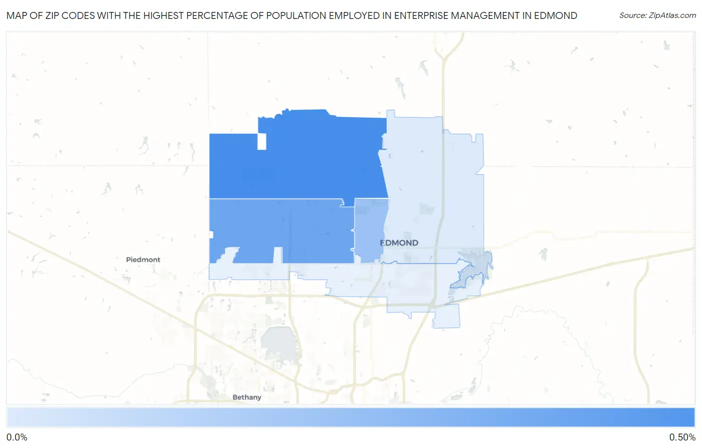 Zip Codes with the Highest Percentage of Population Employed in Enterprise Management in Edmond Map
