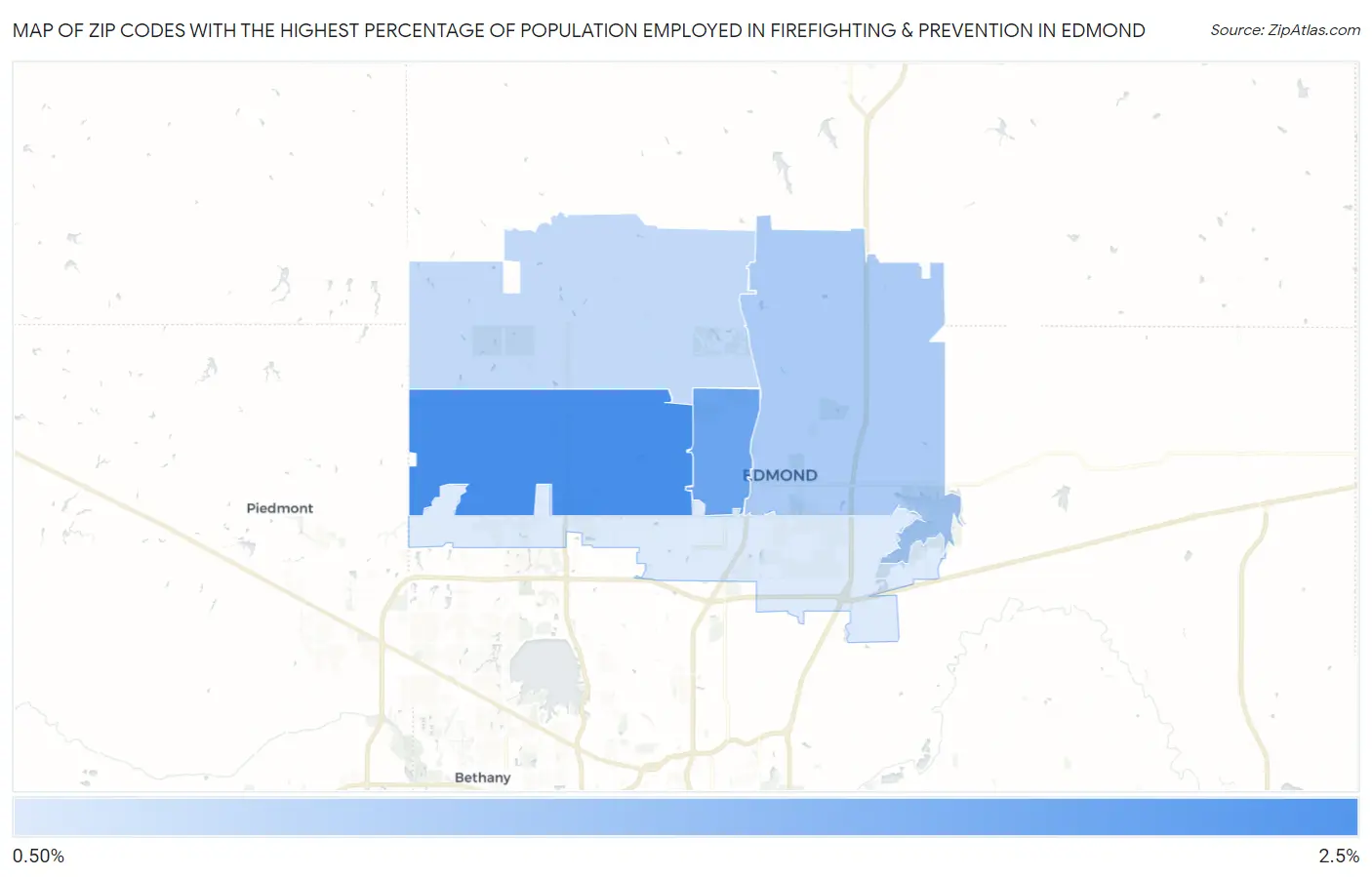 Zip Codes with the Highest Percentage of Population Employed in Firefighting & Prevention in Edmond Map