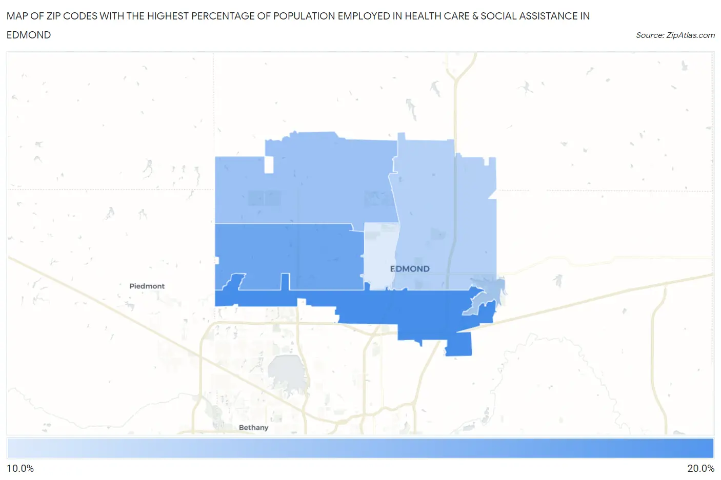 Zip Codes with the Highest Percentage of Population Employed in Health Care & Social Assistance in Edmond Map