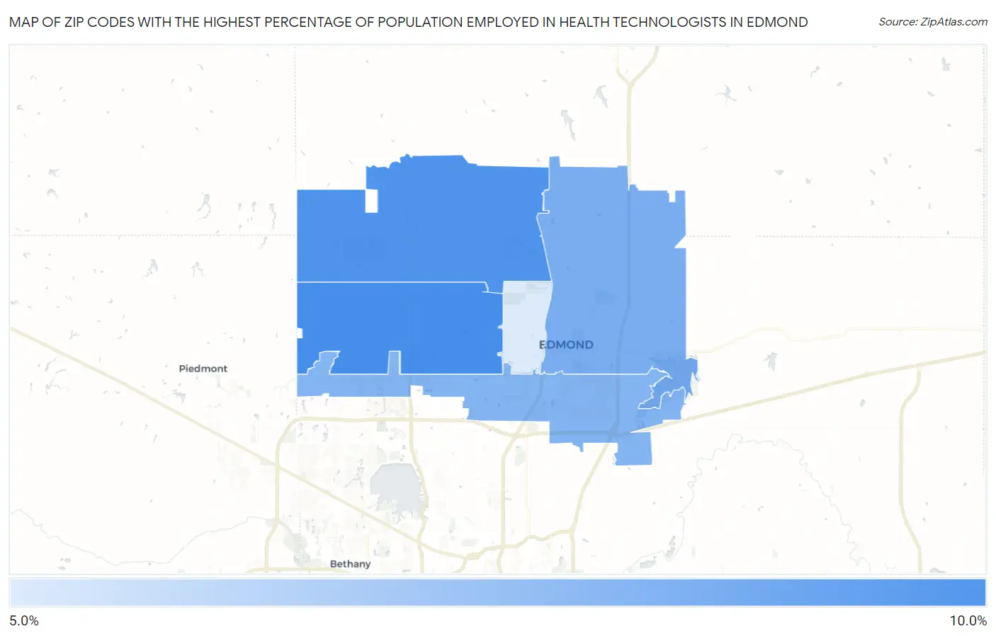 Zip Codes with the Highest Percentage of Population Employed in Health Technologists in Edmond Map