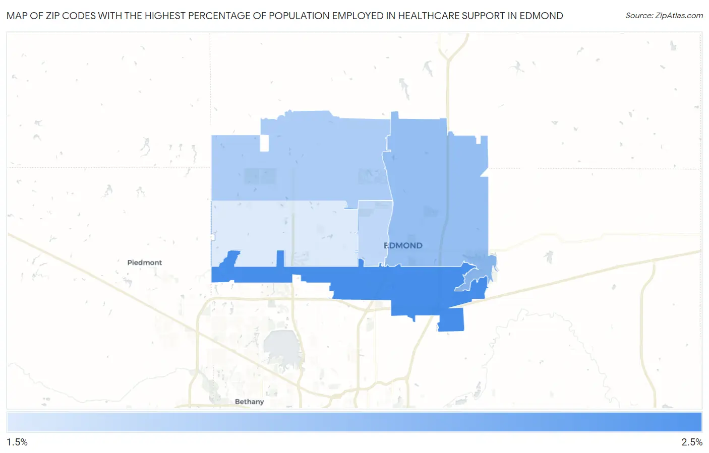 Zip Codes with the Highest Percentage of Population Employed in Healthcare Support in Edmond Map
