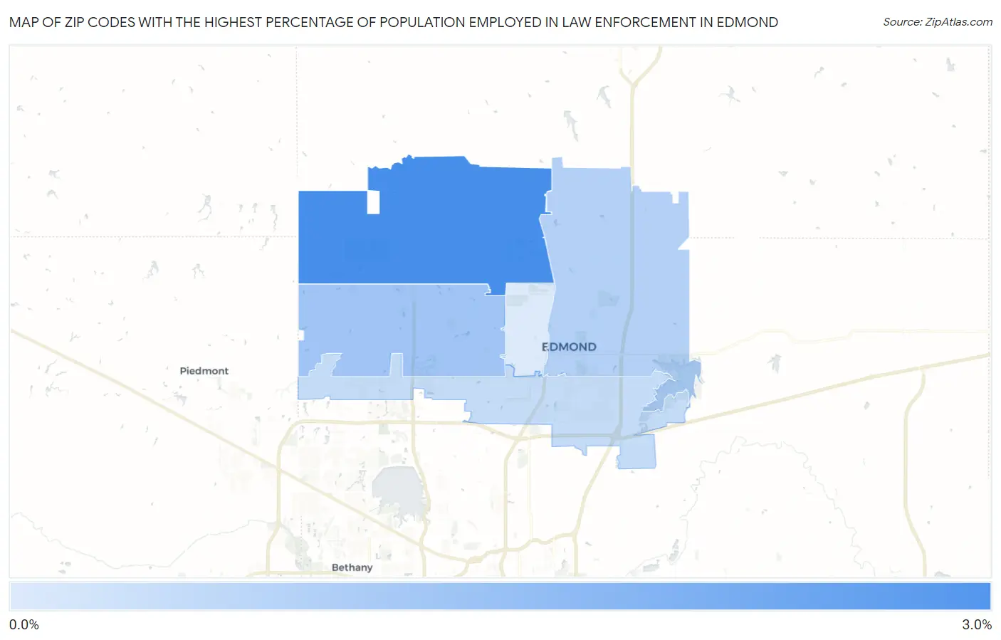 Zip Codes with the Highest Percentage of Population Employed in Law Enforcement in Edmond Map