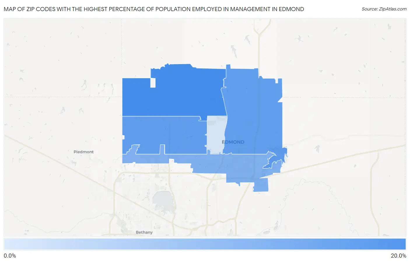 Zip Codes with the Highest Percentage of Population Employed in Management in Edmond Map