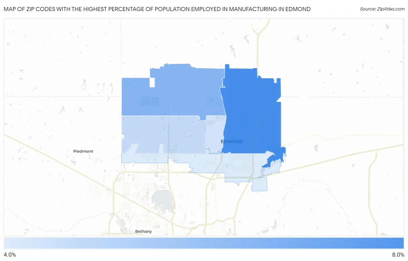 Zip Codes with the Highest Percentage of Population Employed in Manufacturing in Edmond Map