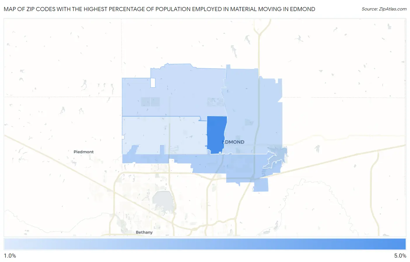 Zip Codes with the Highest Percentage of Population Employed in Material Moving in Edmond Map