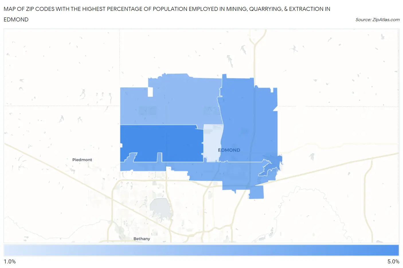 Zip Codes with the Highest Percentage of Population Employed in Mining, Quarrying, & Extraction in Edmond Map