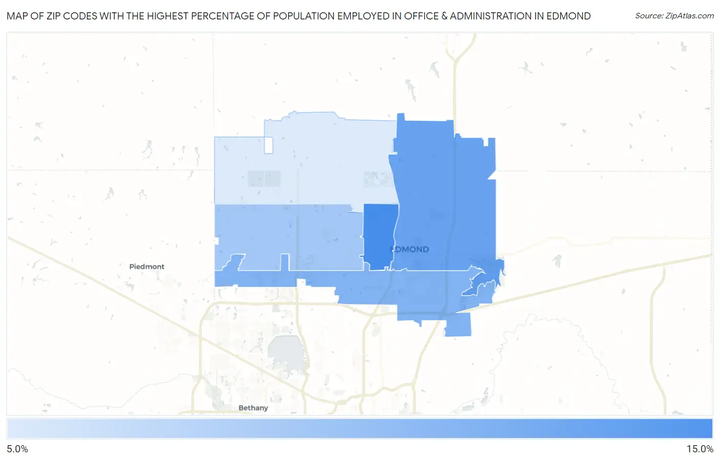 Zip Codes with the Highest Percentage of Population Employed in Office & Administration in Edmond Map