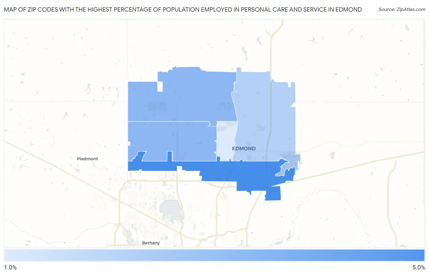 Zip Codes with the Highest Percentage of Population Employed in Personal Care and Service in Edmond Map