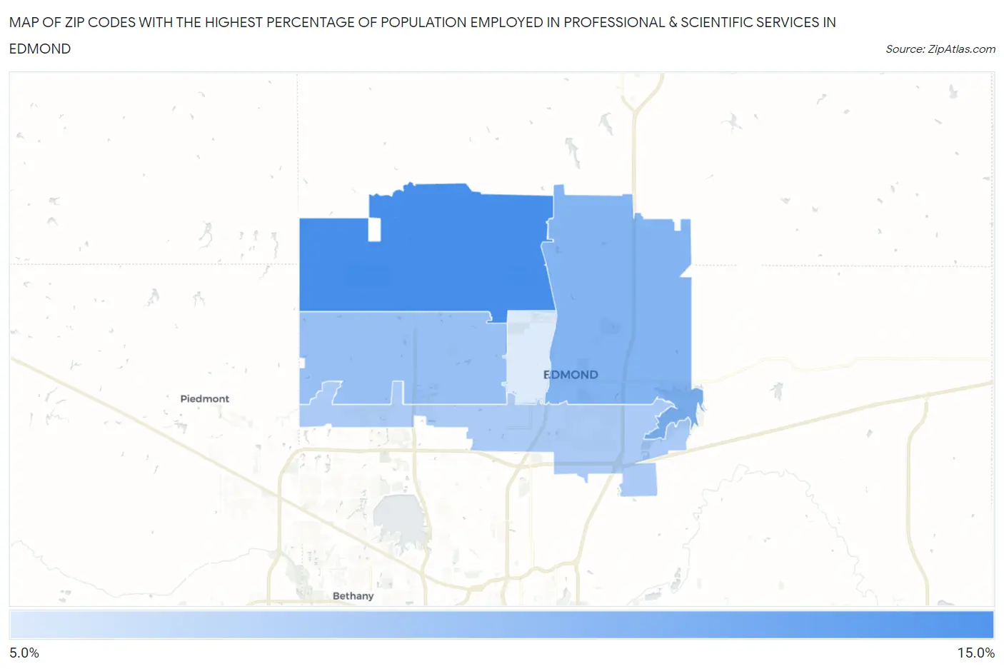 Zip Codes with the Highest Percentage of Population Employed in Professional & Scientific Services in Edmond Map