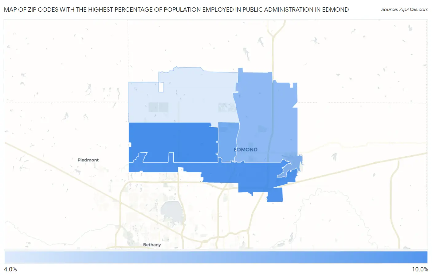 Zip Codes with the Highest Percentage of Population Employed in Public Administration in Edmond Map