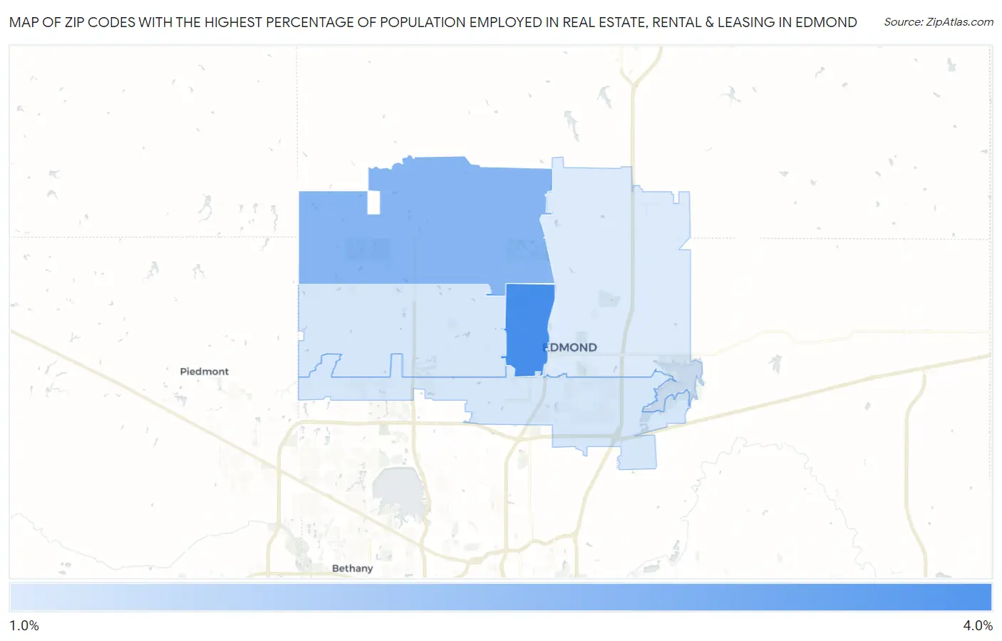 Zip Codes with the Highest Percentage of Population Employed in Real Estate, Rental & Leasing in Edmond Map