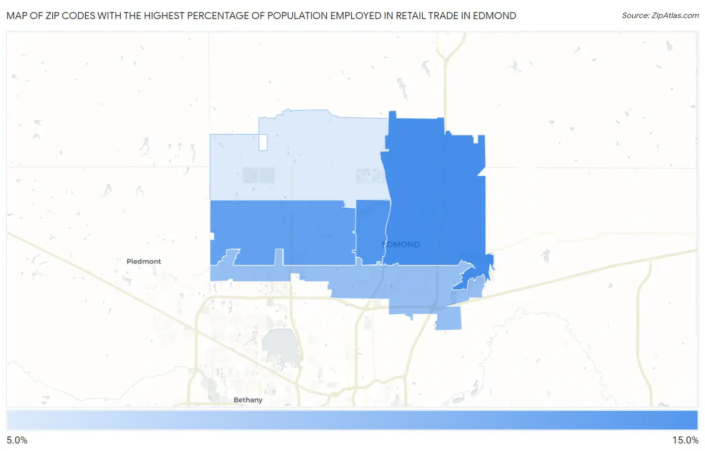 Zip Codes with the Highest Percentage of Population Employed in Retail Trade in Edmond Map