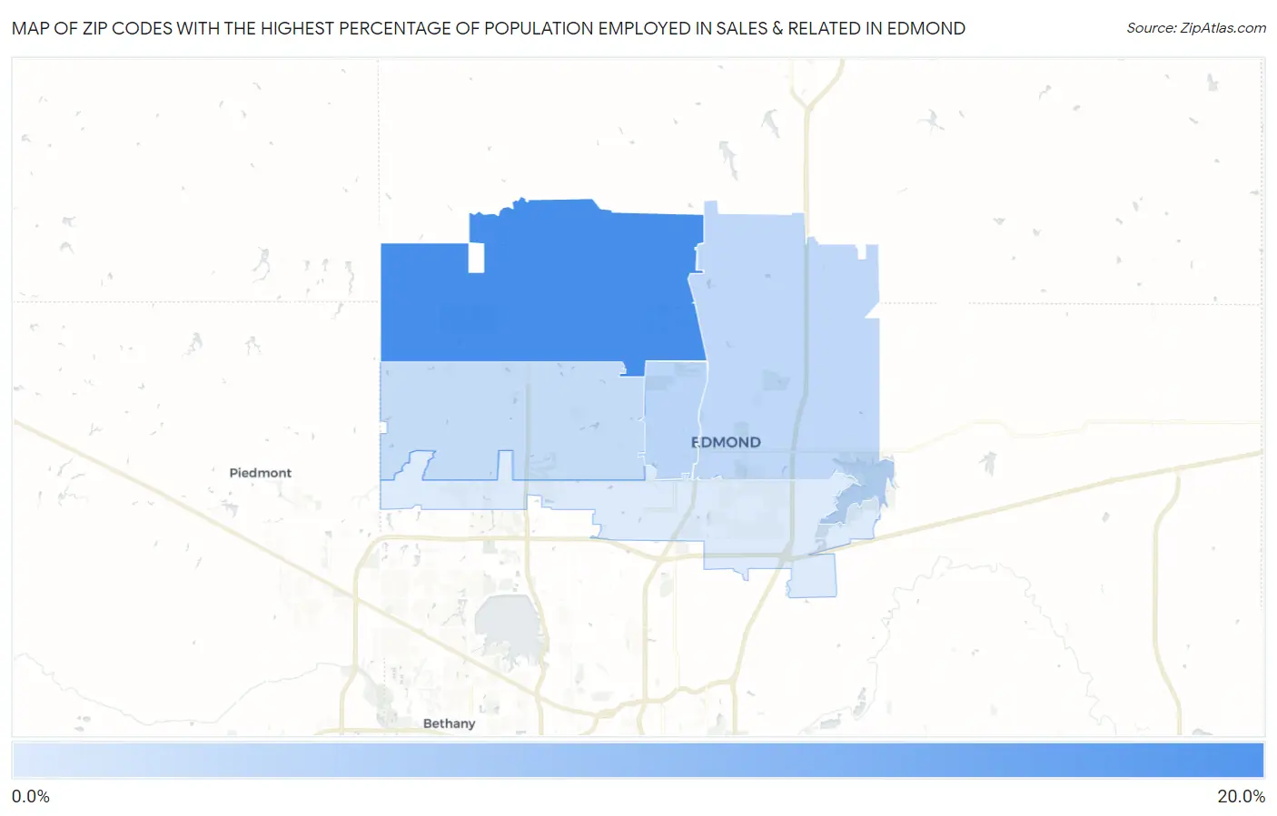 Zip Codes with the Highest Percentage of Population Employed in Sales & Related in Edmond Map