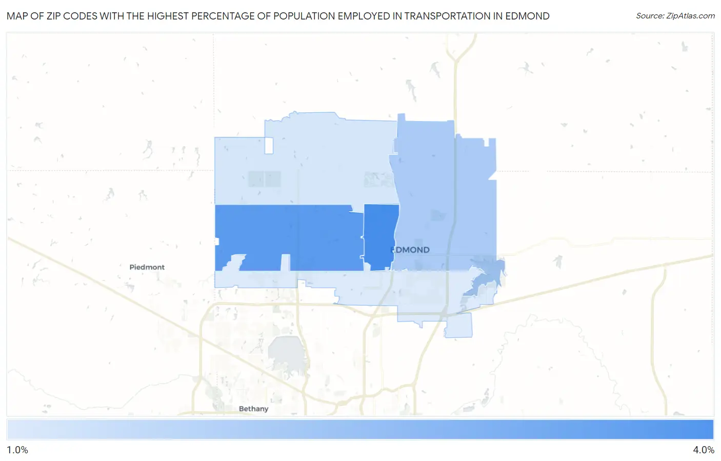 Zip Codes with the Highest Percentage of Population Employed in Transportation in Edmond Map