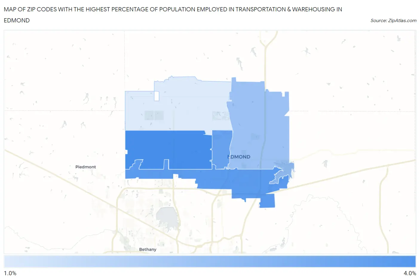 Zip Codes with the Highest Percentage of Population Employed in Transportation & Warehousing in Edmond Map