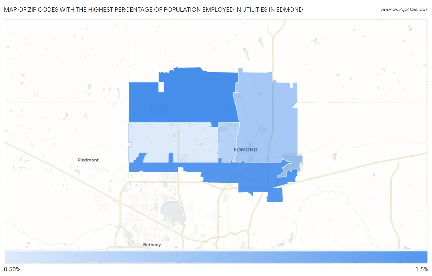 Zip Codes with the Highest Percentage of Population Employed in Utilities in Edmond Map