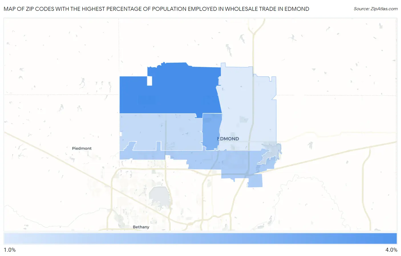 Zip Codes with the Highest Percentage of Population Employed in Wholesale Trade in Edmond Map