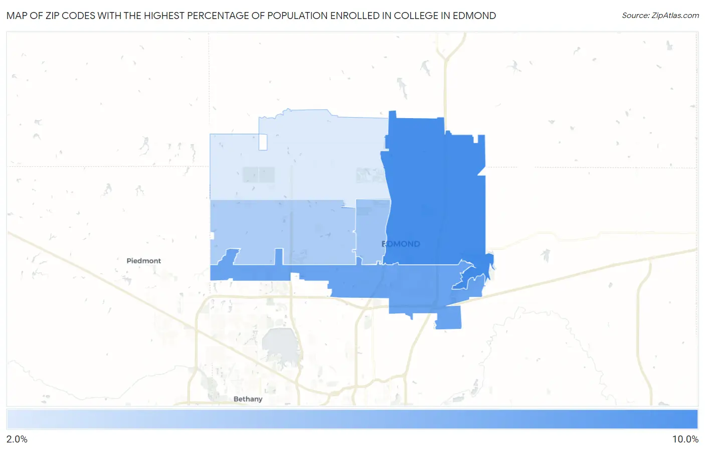 Zip Codes with the Highest Percentage of Population Enrolled in College in Edmond Map
