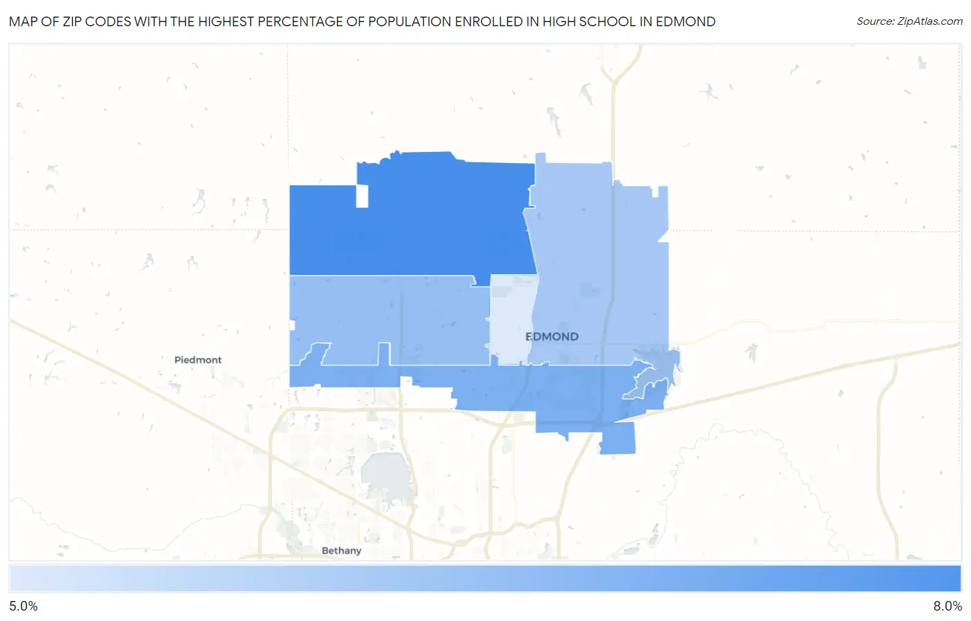 Zip Codes with the Highest Percentage of Population Enrolled in High School in Edmond Map